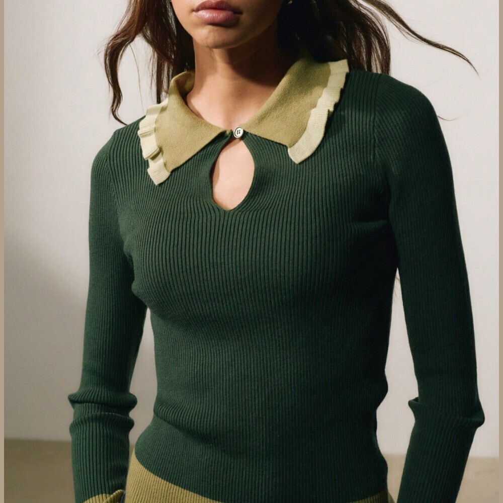 Kelley / Olive Green Ribbed Knit Colorblock Ruffle Collar Keyhole Slim Top - Picture 4 of 7
